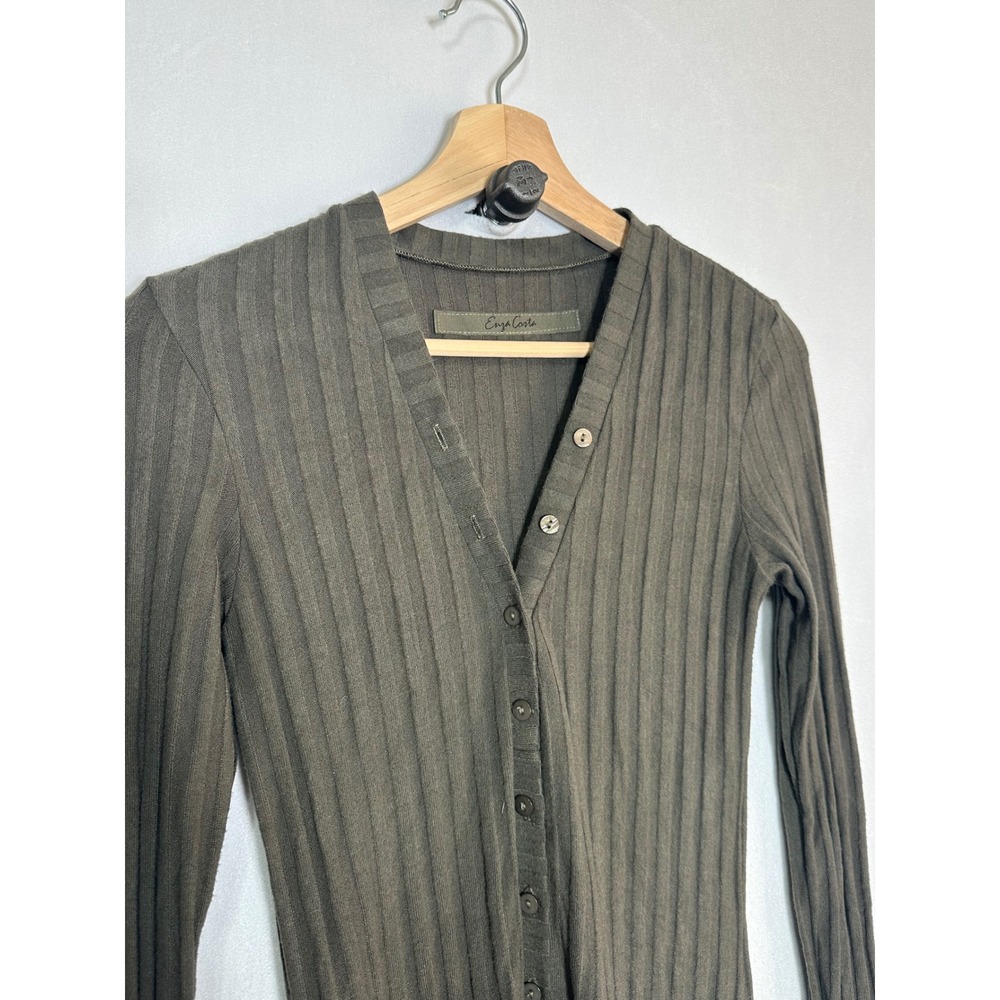 Enza Costa Ribbed Button Down Midi Dress Olive Green Brown Long Sleeve Knit  - S - Picture 5 of 8